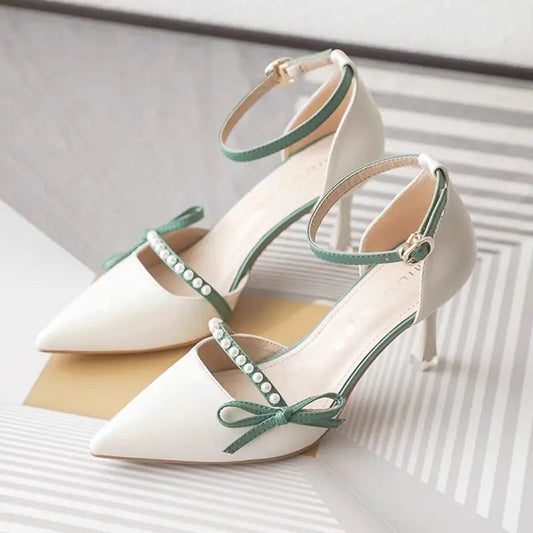 Women's Pearl-Embellished Vegan Leather Heeled Sandals Corvine