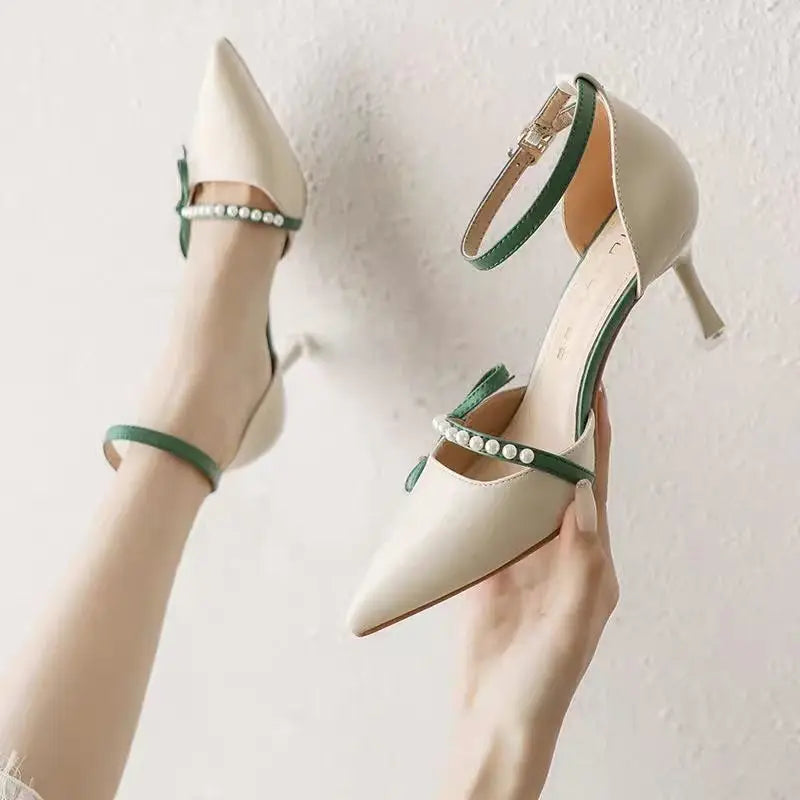 Women's Pearl-Embellished Vegan Leather Heeled Sandals Corvine