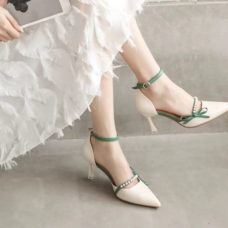 Women's Pearl-Embellished Vegan Leather Heeled Sandals Corvine