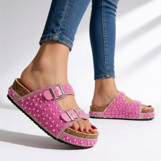 Women's Pearl And Crystal Embellished Platform Slides Corvine