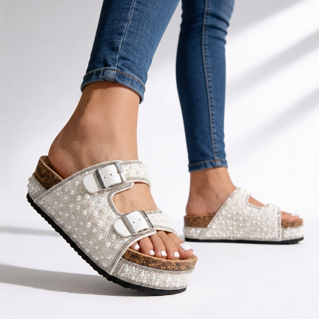 Women's Pearl And Crystal Embellished Platform Slides Corvine