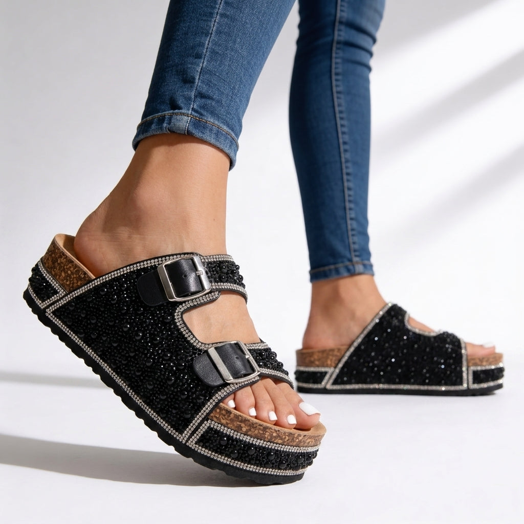 Women's Pearl And Crystal Embellished Platform Slides Corvine