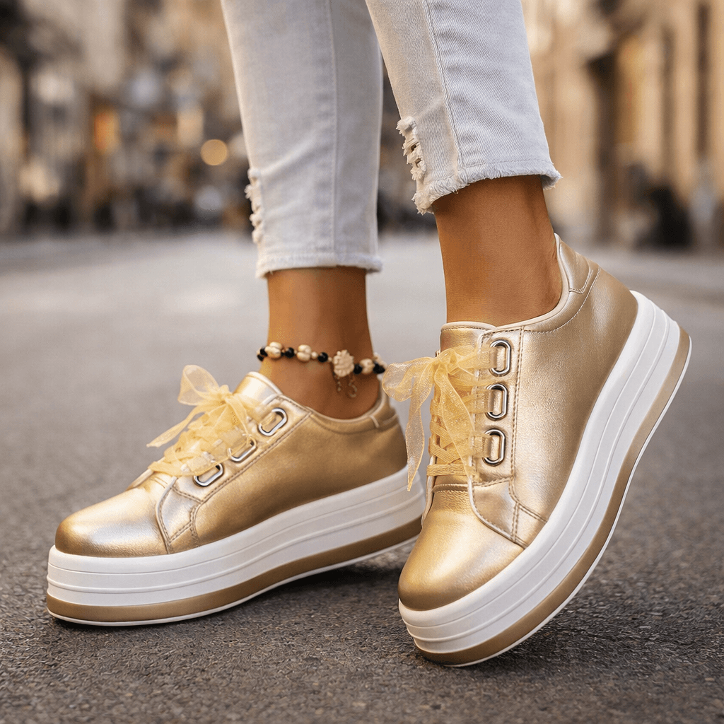 Women's Pearlescent Leather Platform Sneakers | Stylish Chunky Casual Shoes