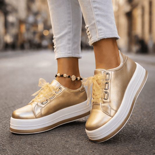 Women's Pearlescent Leather Platform Sneakers | Stylish Chunky Casual Shoes
