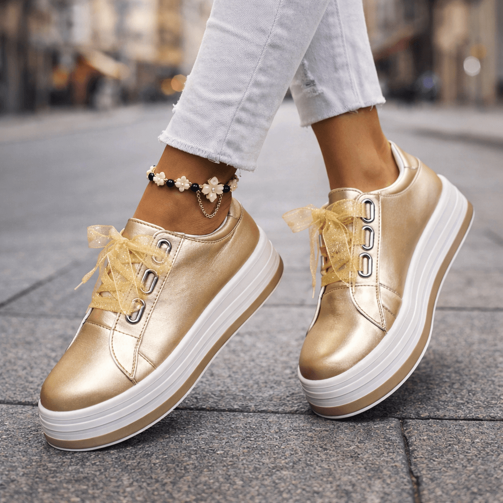 Women's Pearlescent Leather Platform Sneakers | Stylish Chunky Casual Shoes