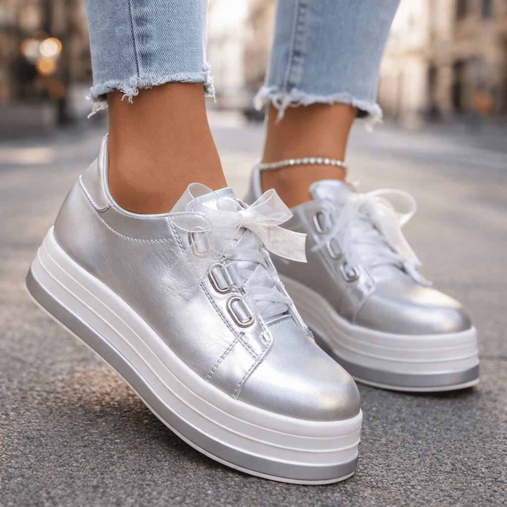 Women's Pearlescent Leather Platform Sneakers | Stylish Chunky Casual Shoes