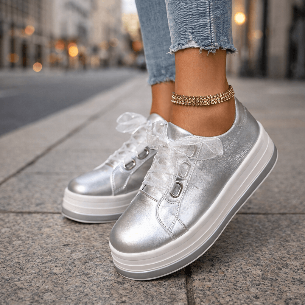 Women's Pearlescent Leather Platform Sneakers | Stylish Chunky Casual Shoes