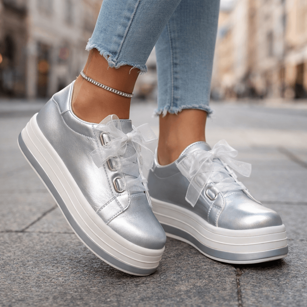 Women's Pearlescent Leather Platform Sneakers | Stylish Chunky Casual Shoes