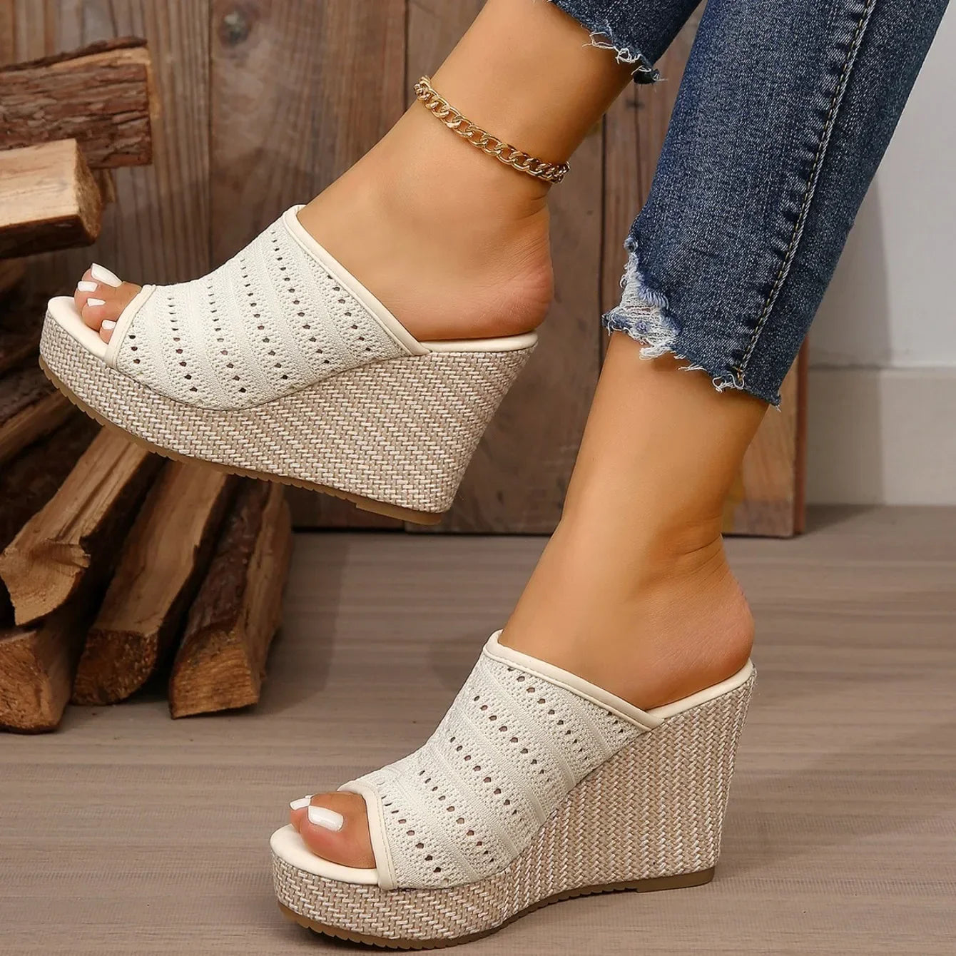 Women's Perforated Stretch-Knit Wedge Sandals Corvine