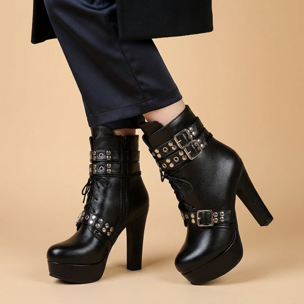 Women's Plush Lined Black Ankle Boots with High Heel Corvine