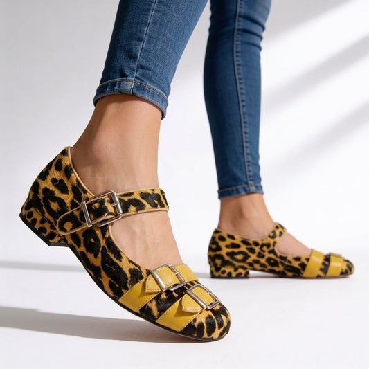 Women's Pony Hair Leopard Print Mary Jane Flats Corvine