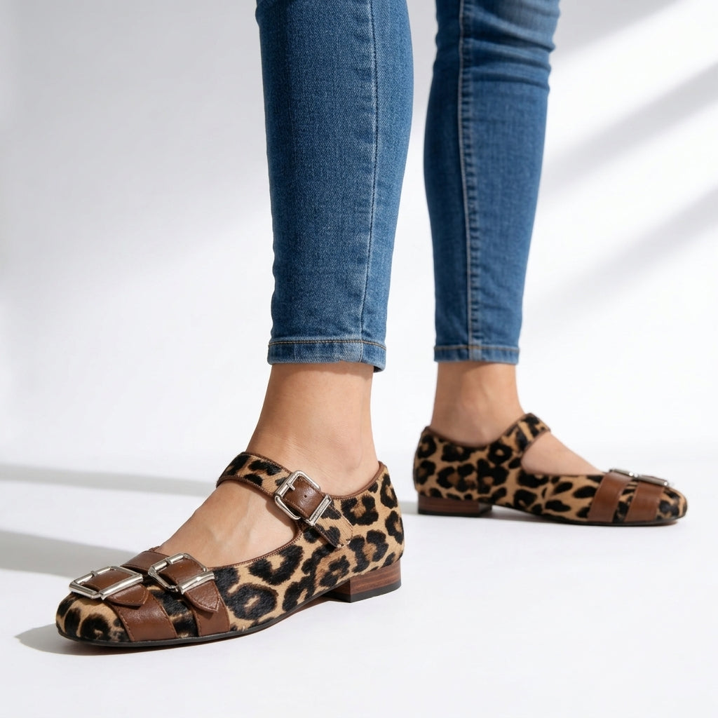 Women's Pony Hair Leopard Print Mary Jane Flats Corvine