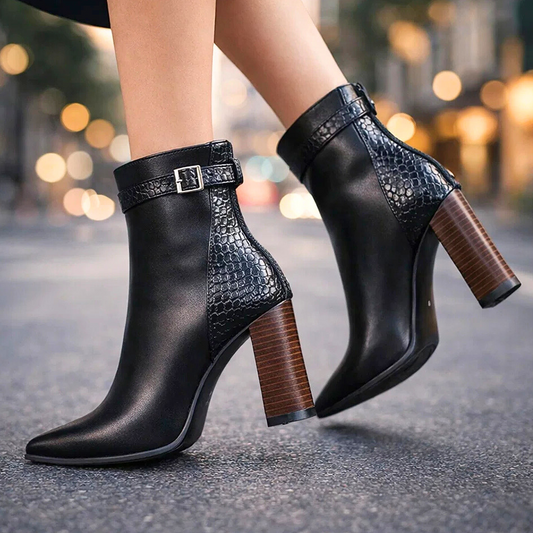 Women's Premium Leather Block Heel Boots Corvine
