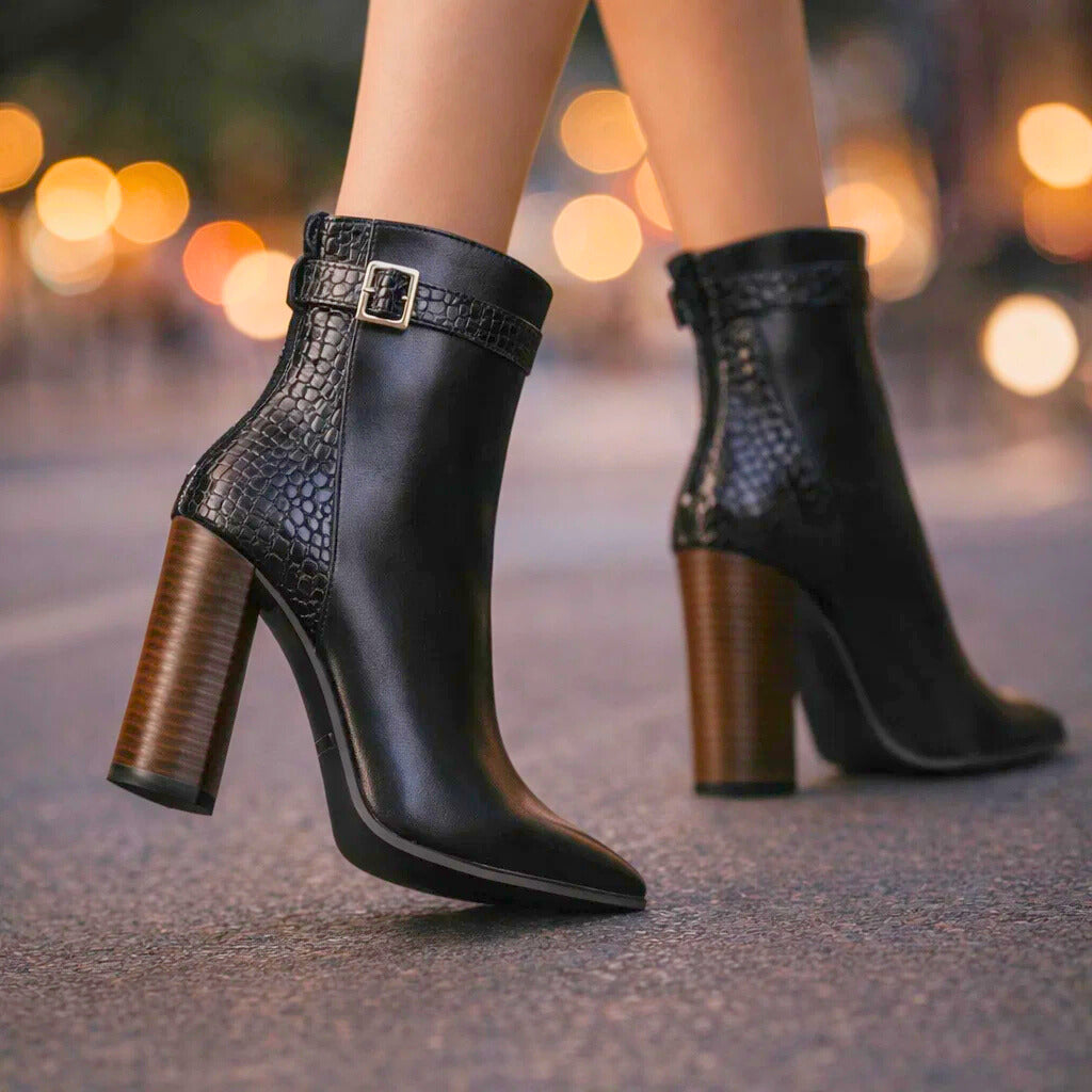 Women's Premium Leather Block Heel Boots Corvine