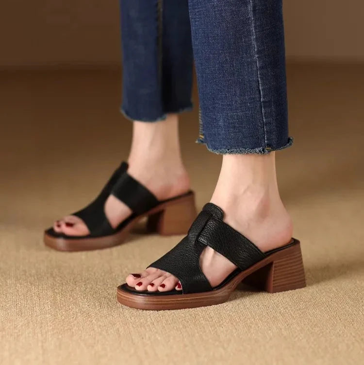 Women's Premium Leather Block Heel Sandals Corvine