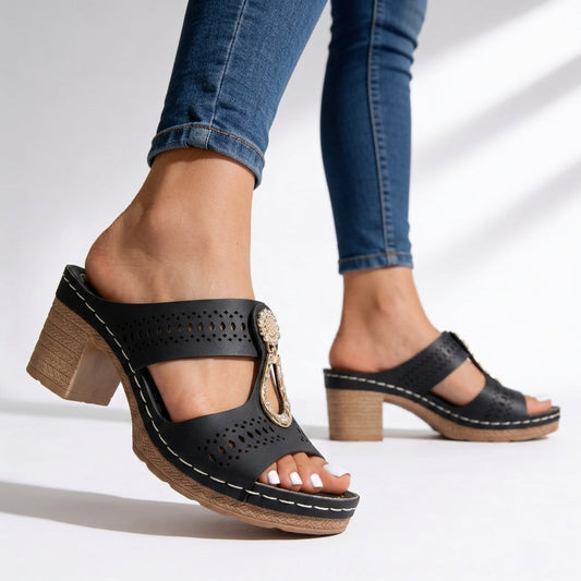 Women's Premium Leather Block Heel Sandals Corvine