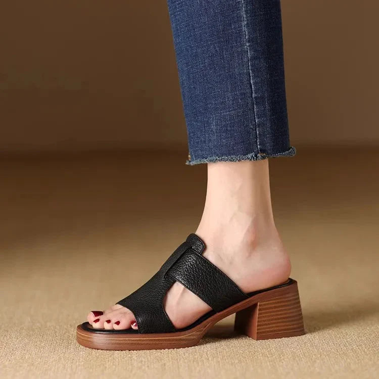 Women's Premium Leather Block Heel Sandals Corvine