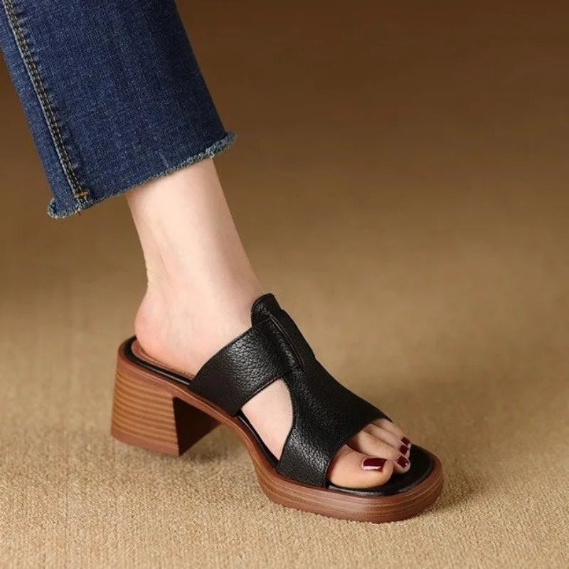 Women's Premium Leather Block Heel Sandals Corvine
