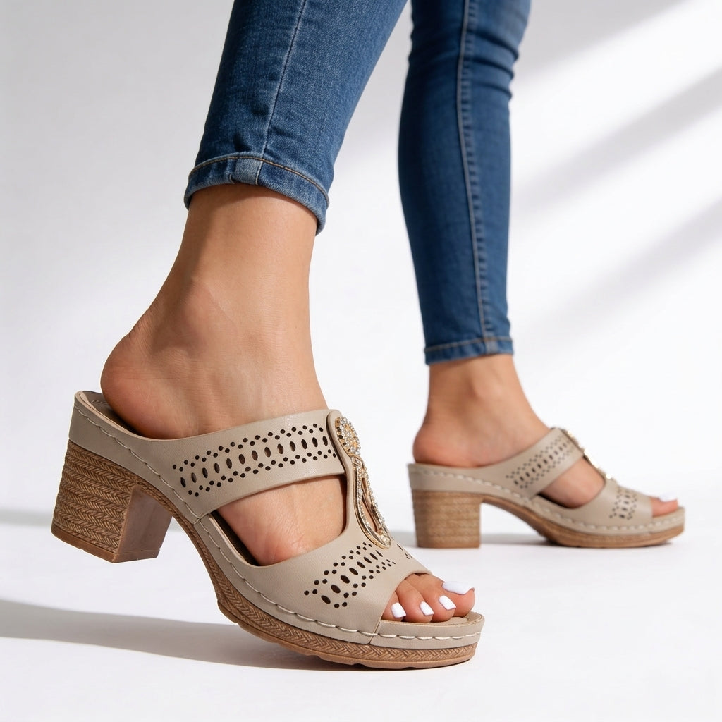 Women's Premium Leather Block Heel Sandals Corvine
