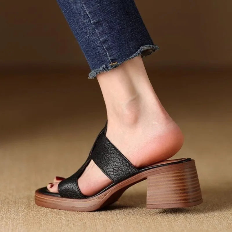 Women's Premium Leather Block Heel Sandals Corvine