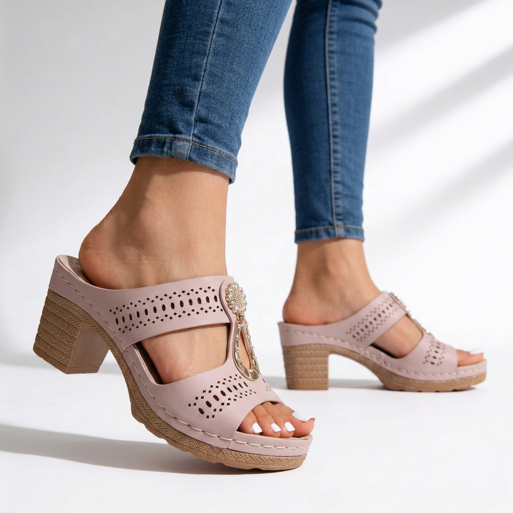 Women's Premium Leather Block Heel Sandals Corvine
