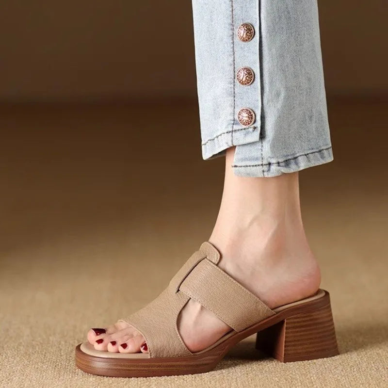 Women's Premium Leather Block Heel Sandals Corvine