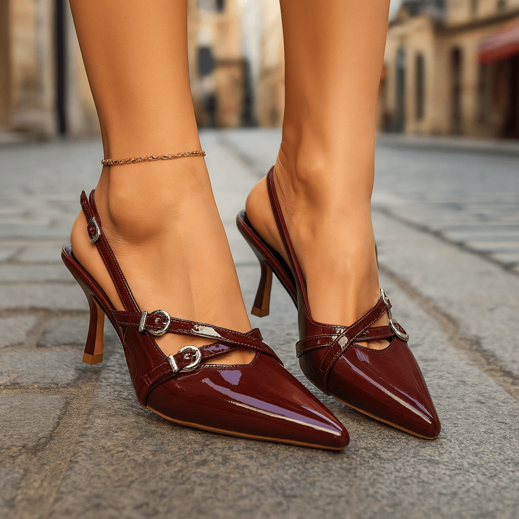Women's Premium Leather Buckle Heels | Elegant Slingback Pointed Toe Shoes