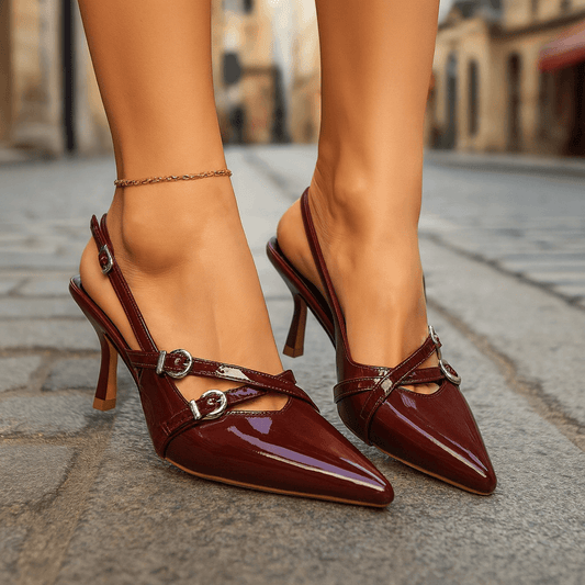 Women's Premium Leather Buckle Heels | Elegant Slingback Pointed Toe Shoes