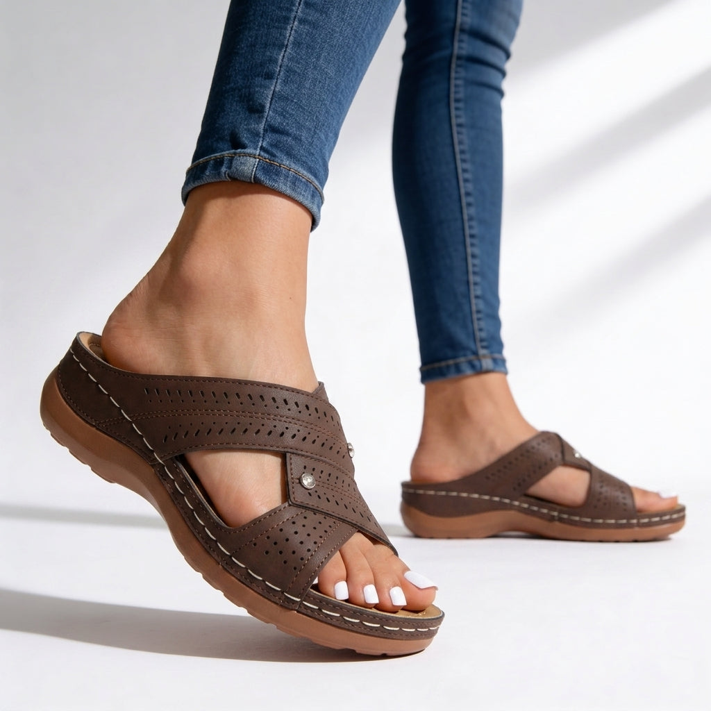 Women's Premium Leather Crossover Wedge Sandals Corvine