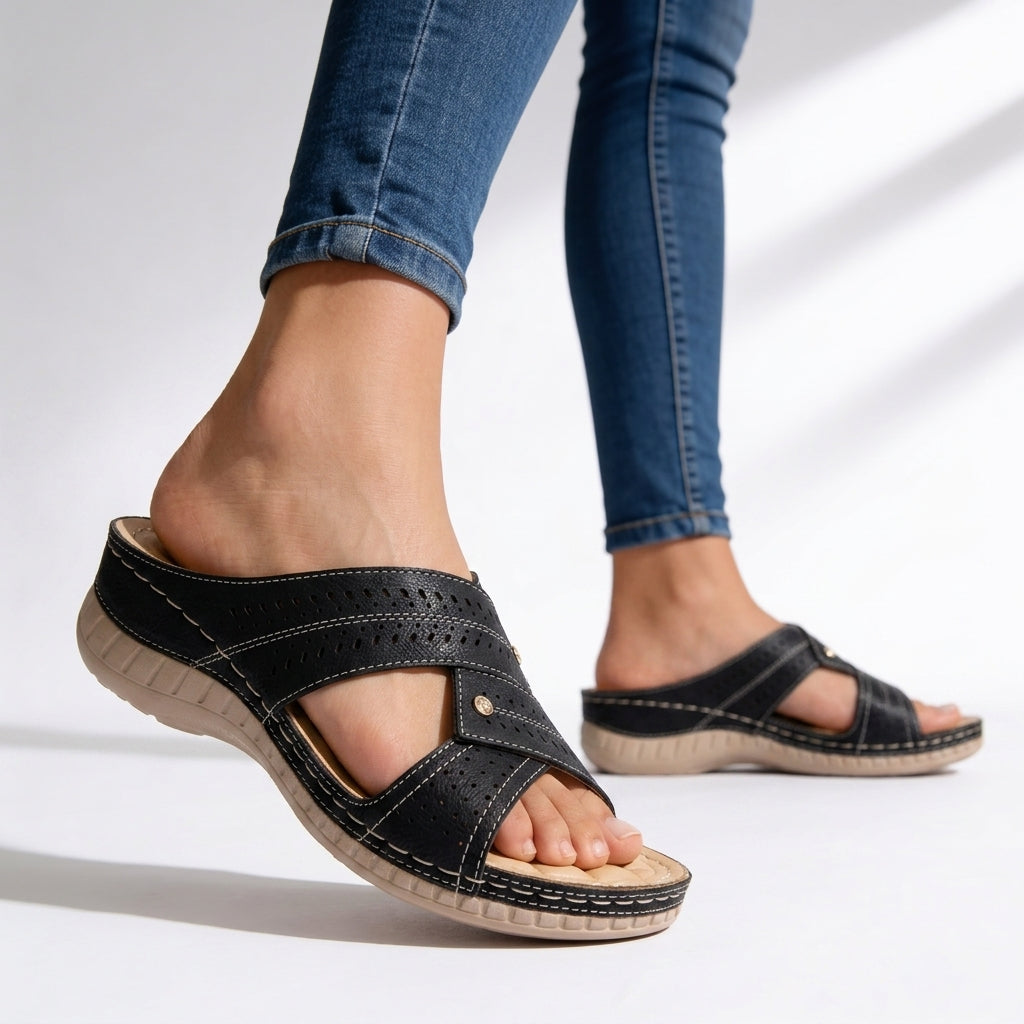 Women's Premium Leather Crossover Wedge Sandals Corvine