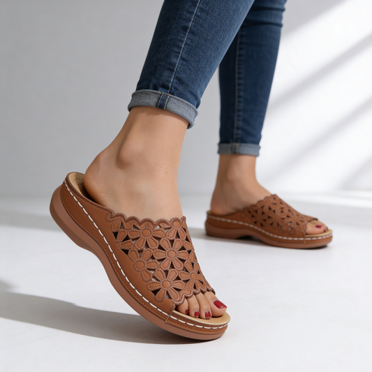 Women's Premium Leather Floral Slide Sandals Corvine