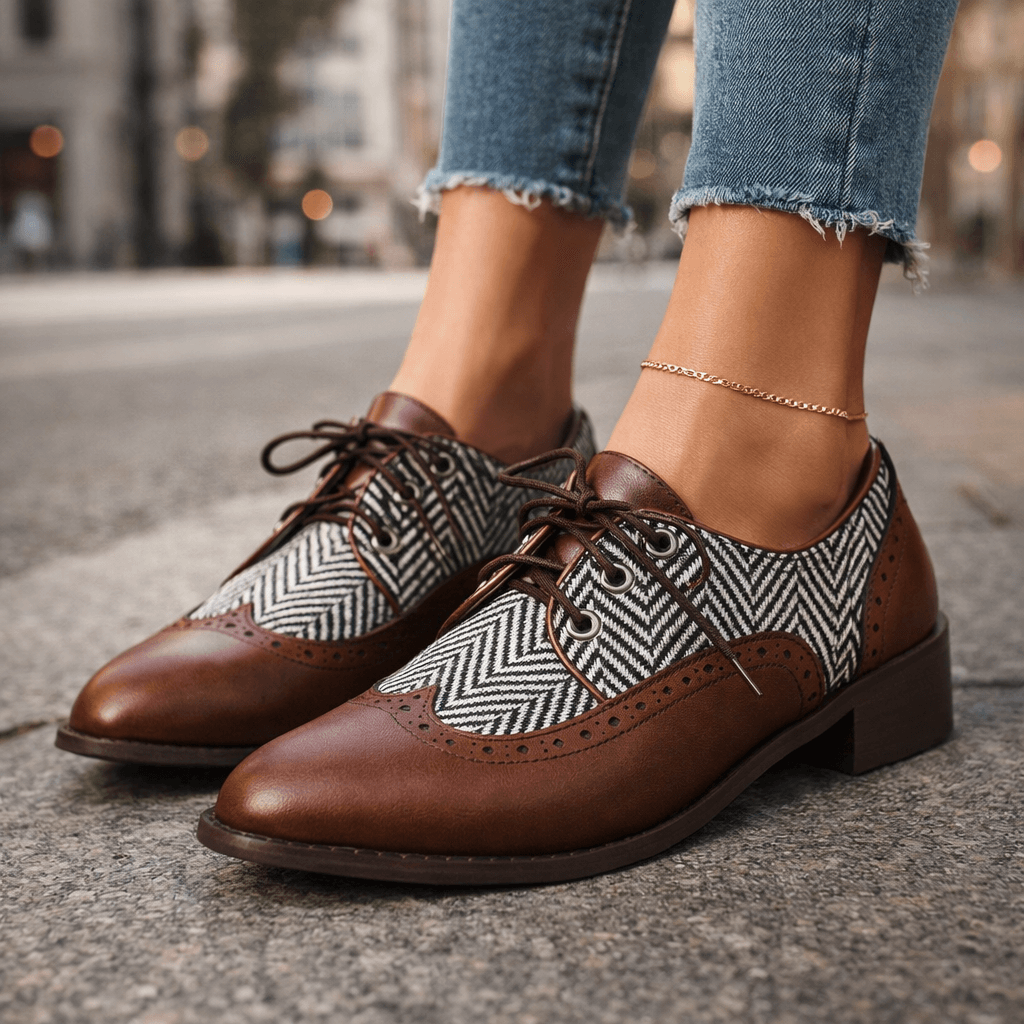 Women's Premium Leather Herringbone Lace-Up Shoes Corvine