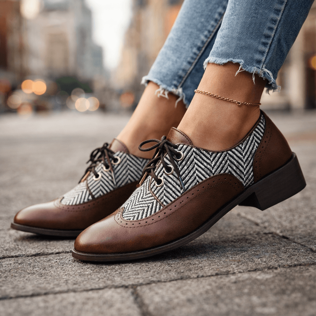 Women's Premium Leather Herringbone Lace-Up Shoes Corvine