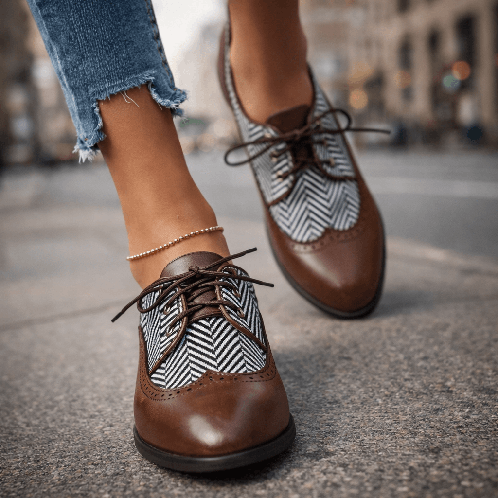 Women's Premium Leather Herringbone Lace-Up Shoes Corvine