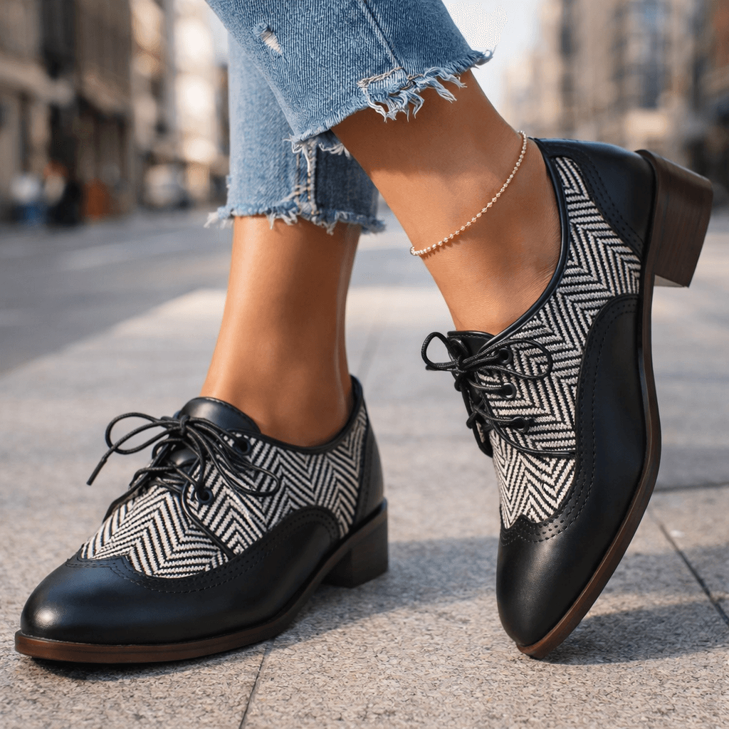 Women's Premium Leather Herringbone Lace-Up Shoes Corvine
