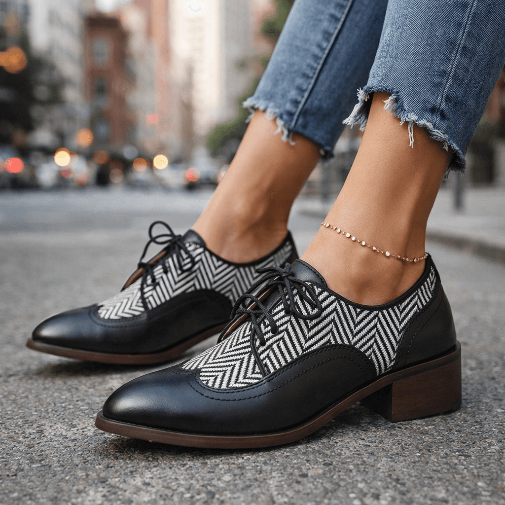 Women's Premium Leather Herringbone Lace-Up Shoes Corvine