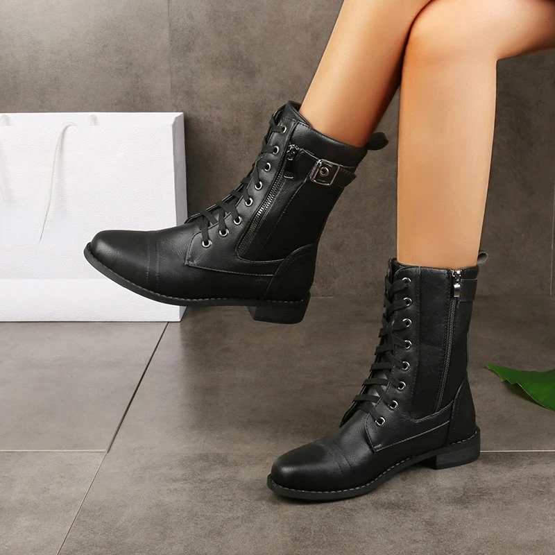 Women's Premium Leather Mid-Calf Lace Up Boots Corvine