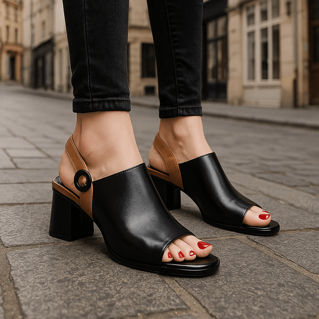 Women's Premium Leather Open-Toe Heels | Elegant Block Heel Design for All-Day Comfort