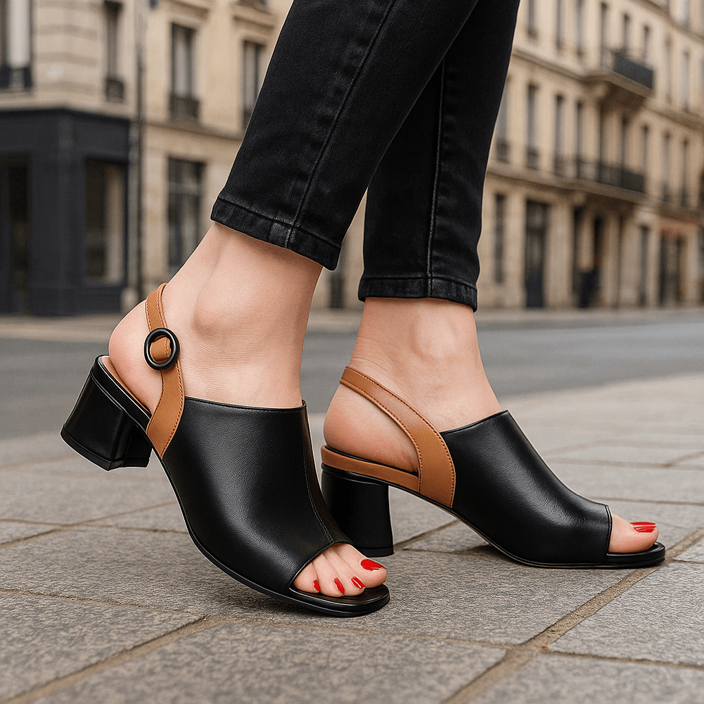 Women's Premium Leather Open-Toe Heels | Elegant Block Heel Design for All-Day Comfort
