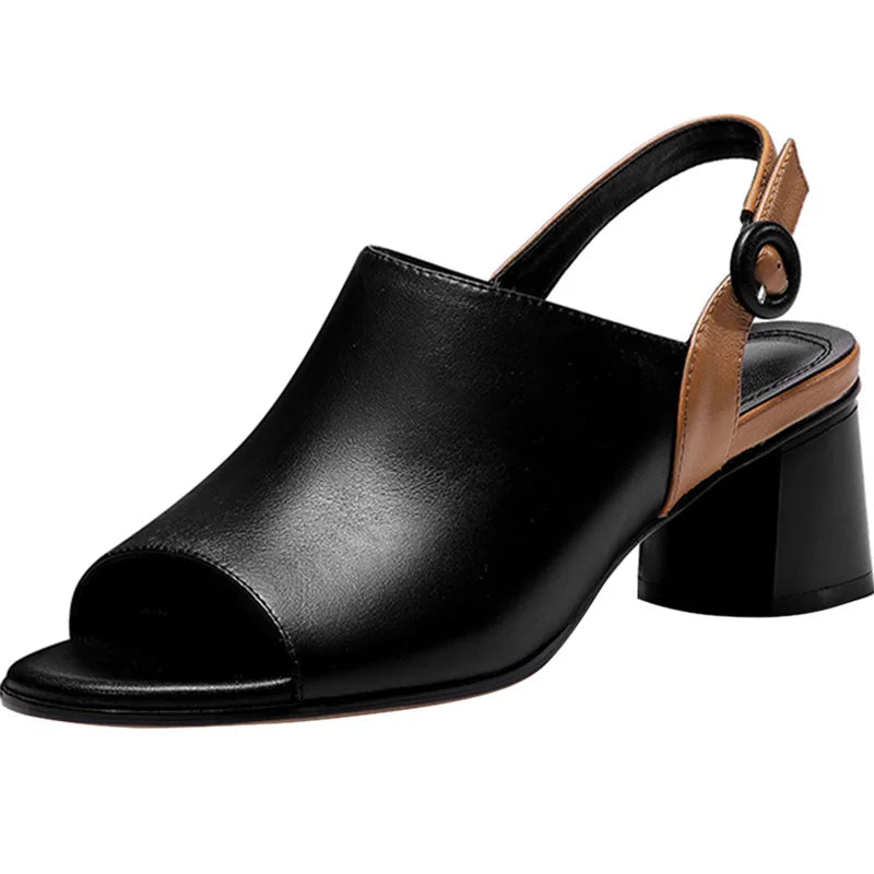 Women's Premium Leather Open-Toe Heels | Elegant Block Heel Design for All-Day Comfort