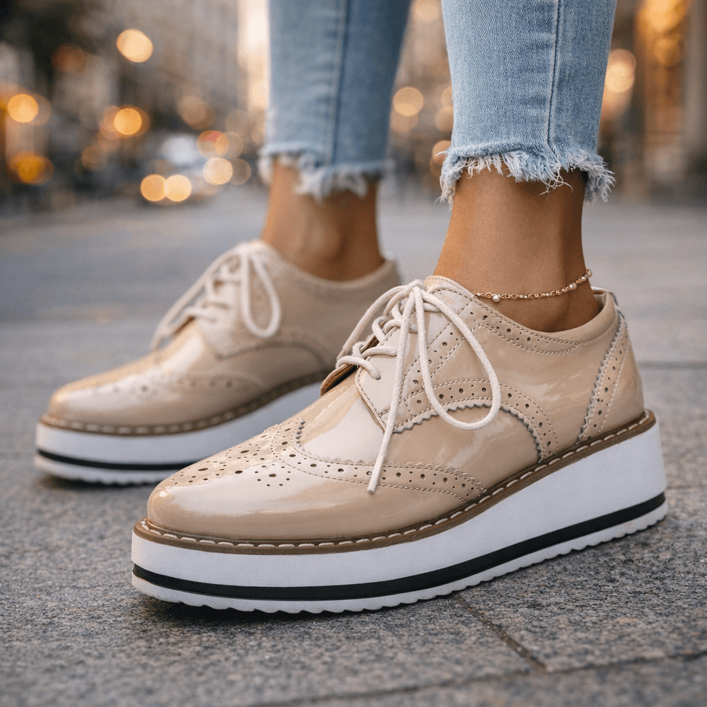 Women's Premium Leather Platform Shoes | Stylish Chunky Cushioned Brogue Footwear