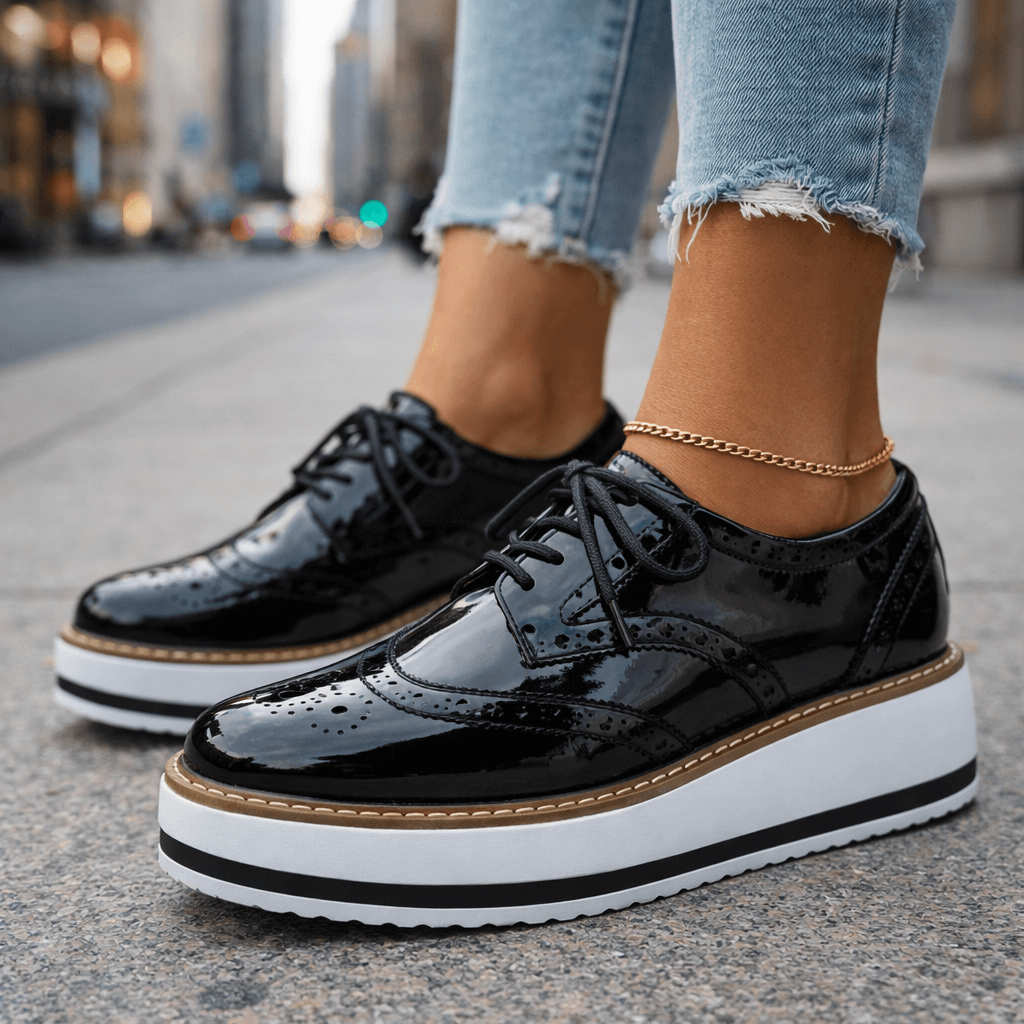 Women's Premium Leather Platform Shoes | Stylish Chunky Cushioned Brogue Footwear