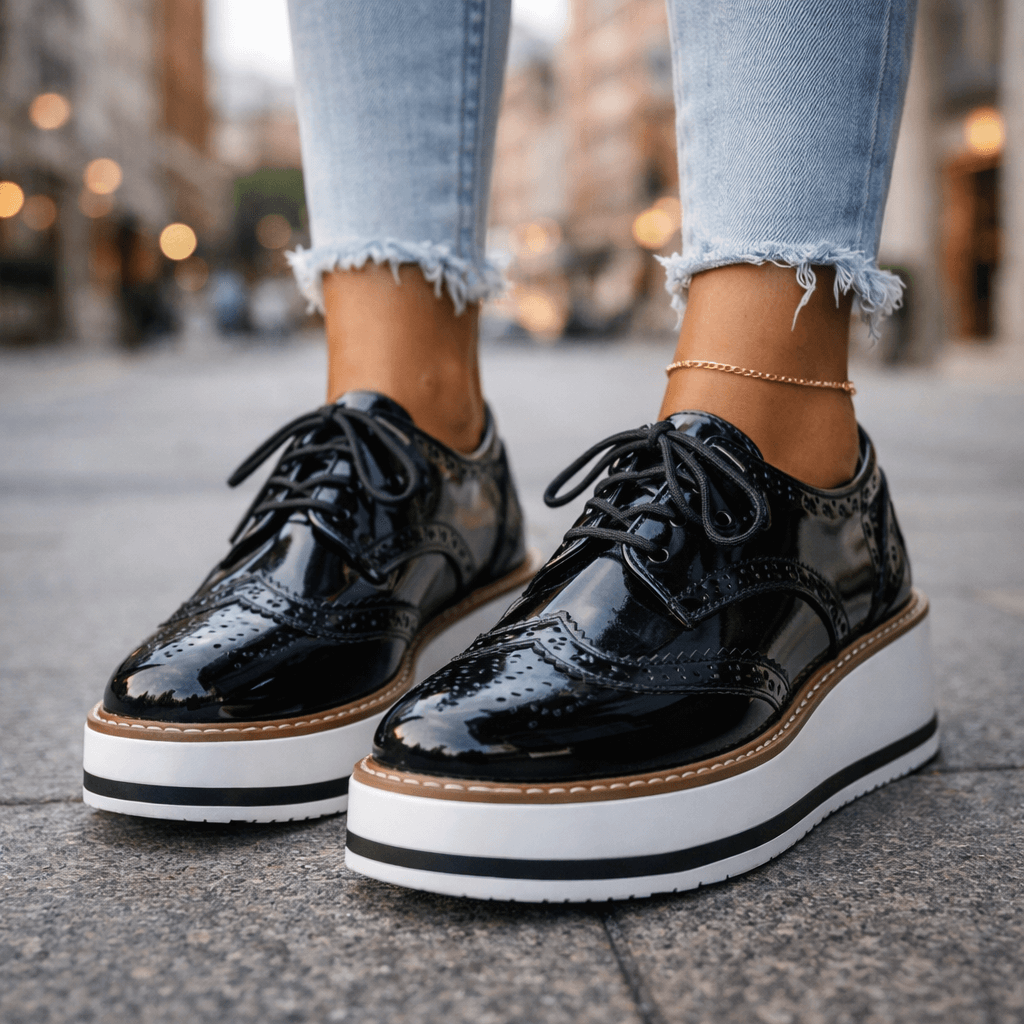 Women's Premium Leather Platform Shoes | Stylish Chunky Cushioned Brogue Footwear
