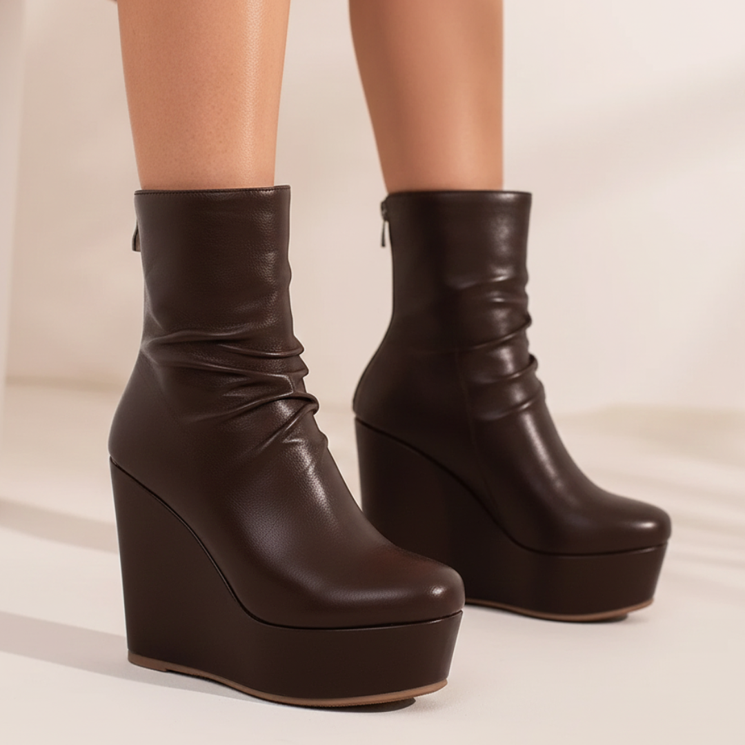 Women's Premium Leather Ruched Platform Wedges Corvine