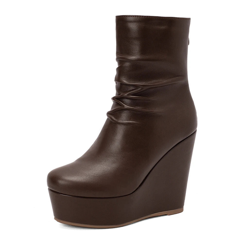 Women's Premium Leather Ruched Platform Wedges Corvine