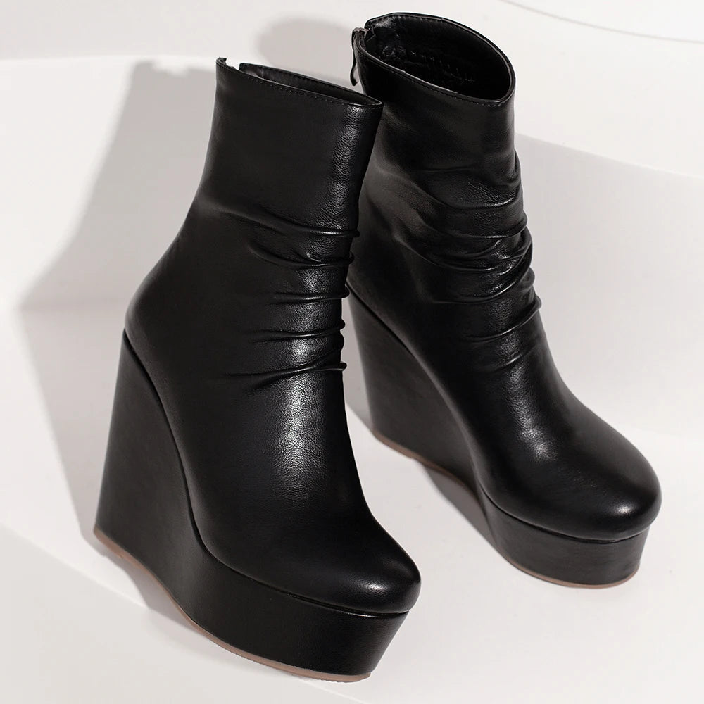 Women's Premium Leather Ruched Platform Wedges Corvine