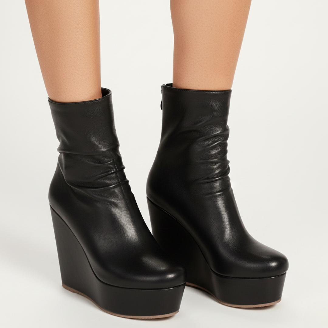 Women's Premium Leather Ruched Platform Wedges Corvine