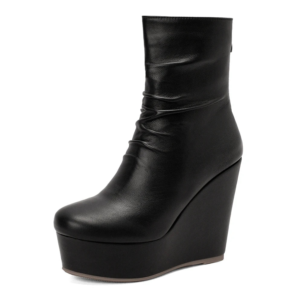 Women's Premium Leather Ruched Platform Wedges Corvine
