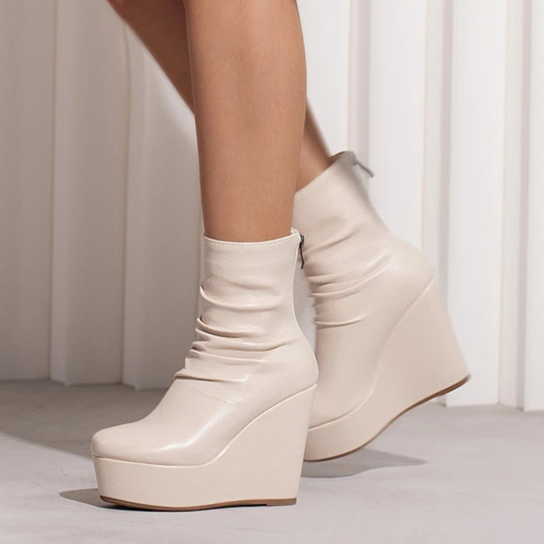 Women's Premium Leather Ruched Platform Wedges Corvine