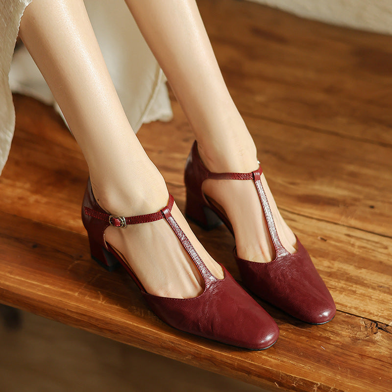 Women's Premium Leather T-Strap Heels Corvine